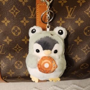 Cute Plush Penguin Keychain with Donut - Gray and White Bag Charm